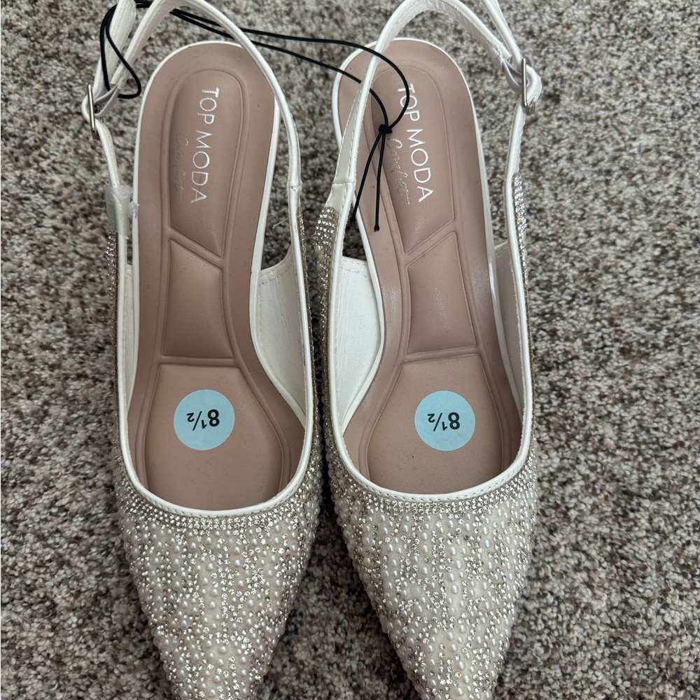 TOP Moda Women's Sparkling Cream Slingback Heels